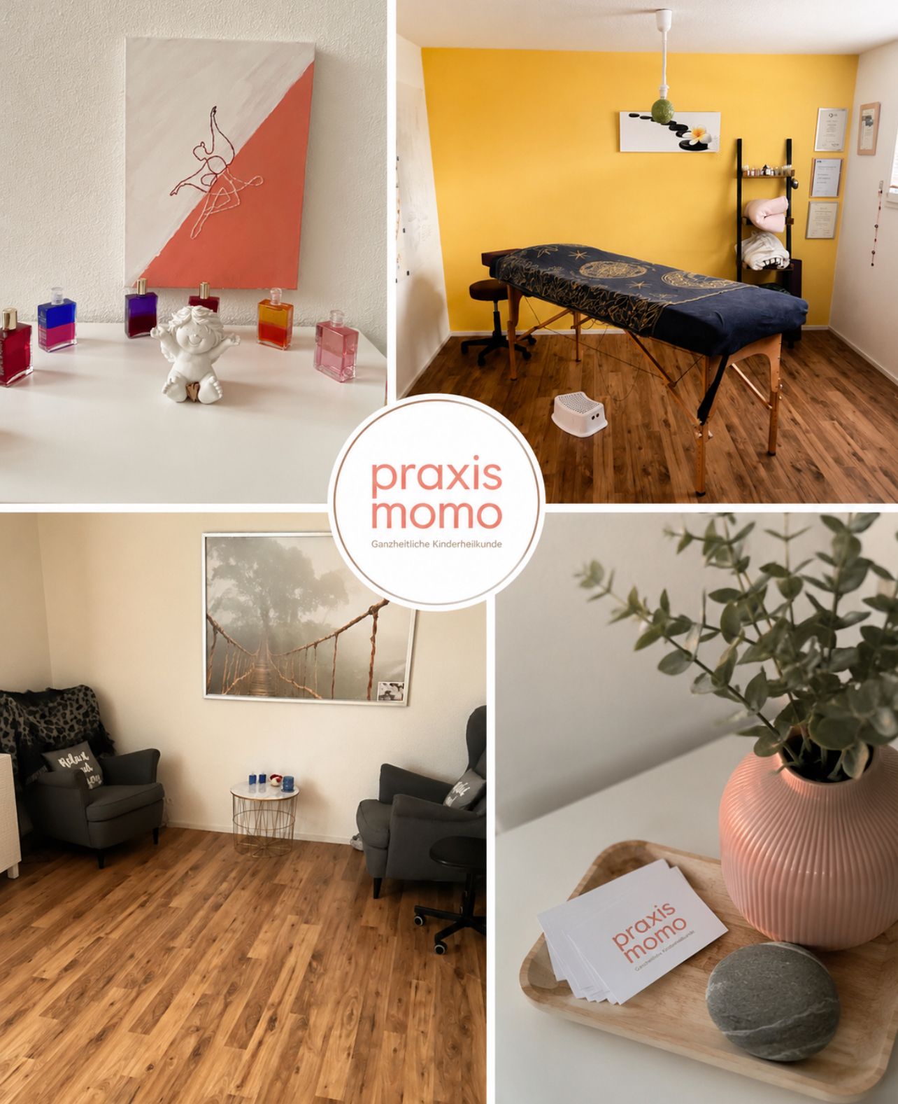 Einblick in die Praxis Momo in Rothrist – Behandlungsraum mit Liege, Bachblüten-Essenzen und Wartebereich