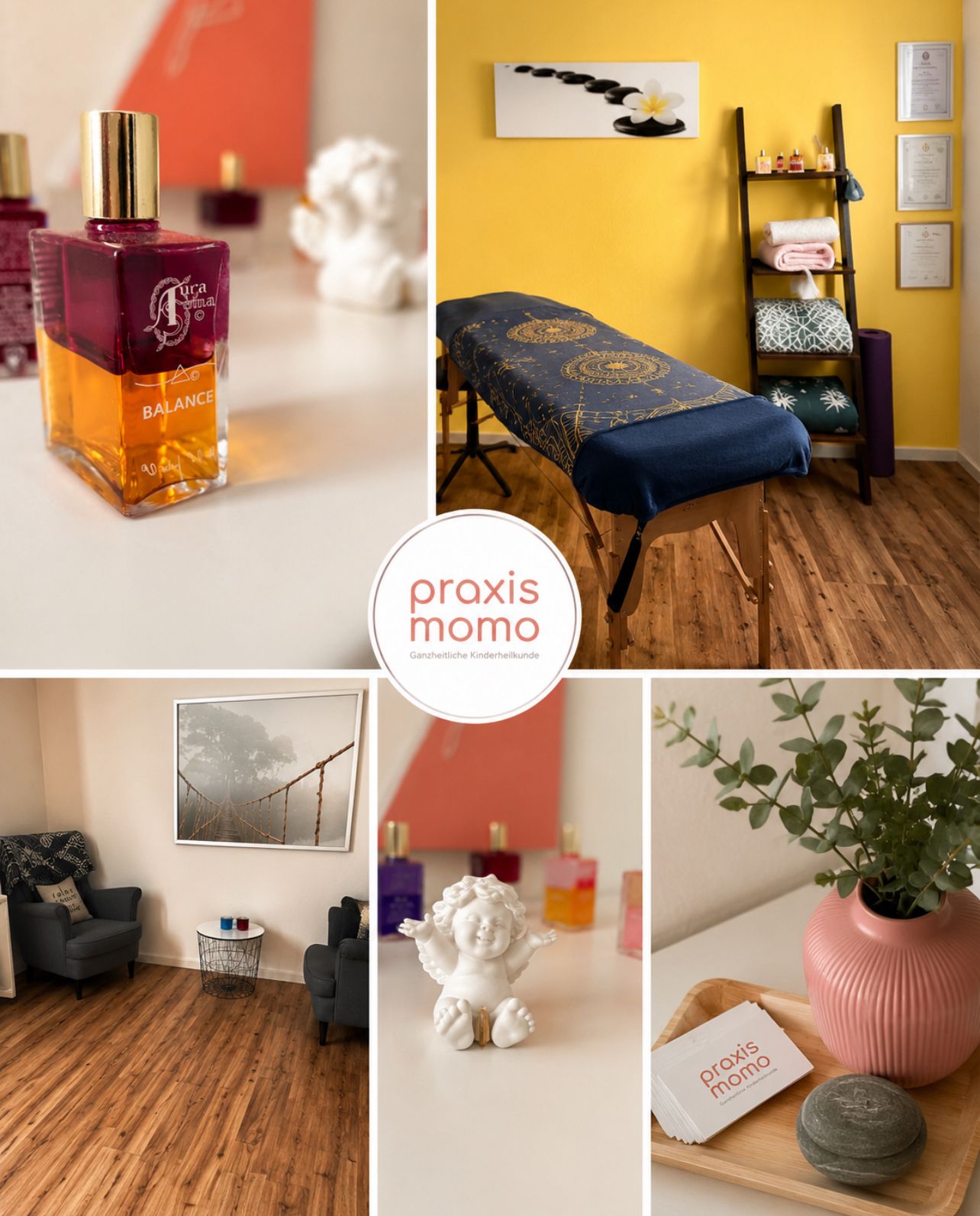 Praxisräume der Praxis Momo in Rothrist – Behandlungsliege, Essenzen und liebevolle Details